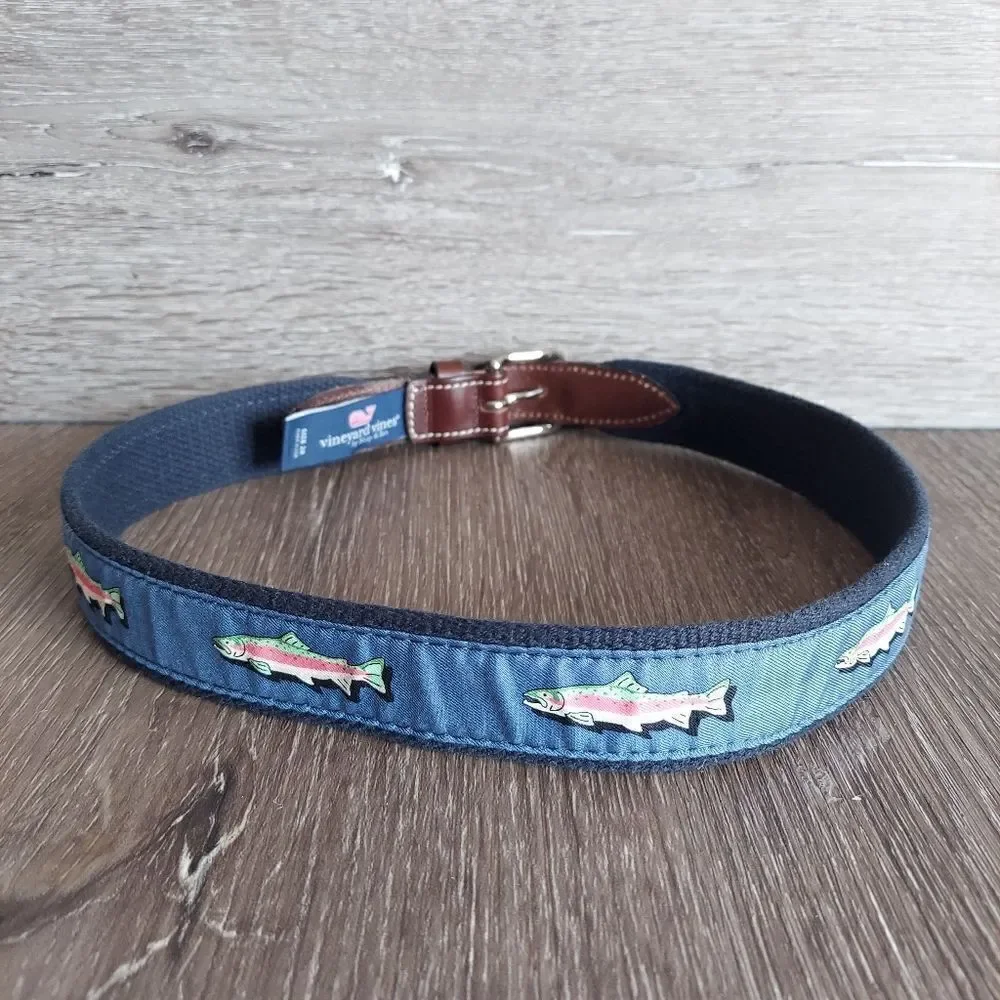 Vineyard Vines Rainbow Trout Ribbon Brass Leather Belt Brown Navy Size 28